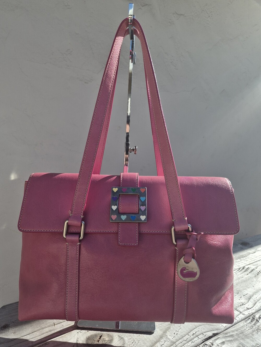 Dooney & Bourke Pink Leather Shoulder Bag with Heart Accent Buckle